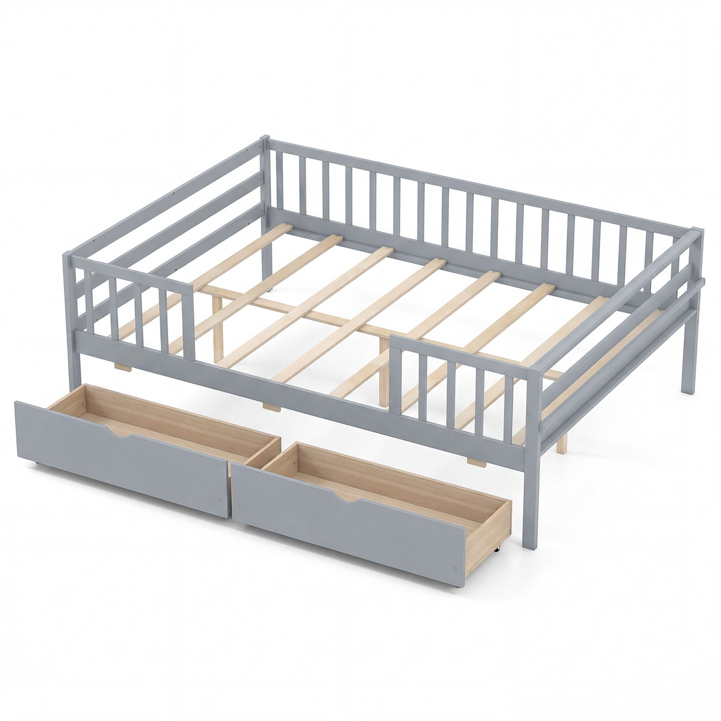 Full Size Daybed with Fence and 2 Drawers for Boys and Girls-Gray