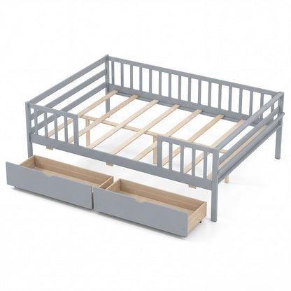 Full Size Daybed with Fence and 2 Drawers for Boys and Girls-Gray