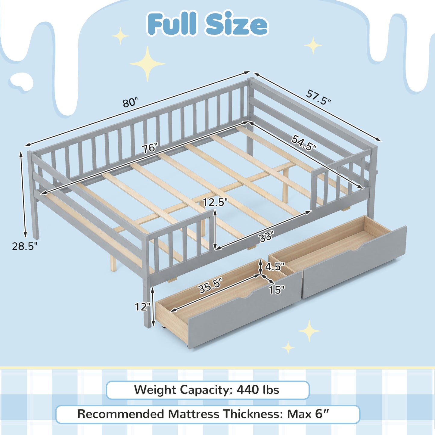 Full Size Daybed with Fence and 2 Drawers for Boys and Girls-Gray