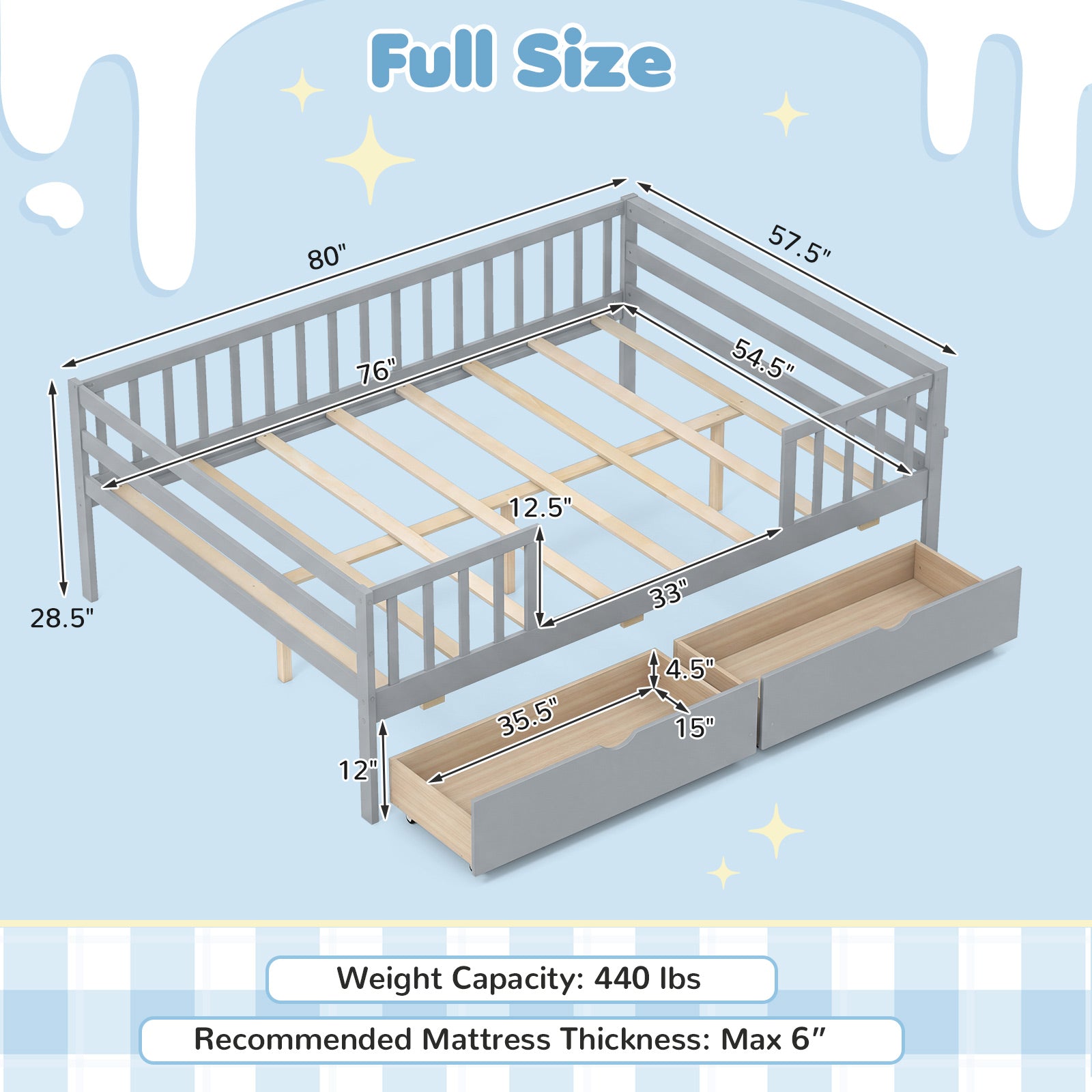 Full Size Daybed with Fence and 2 Drawers for Boys and Girls-Gray