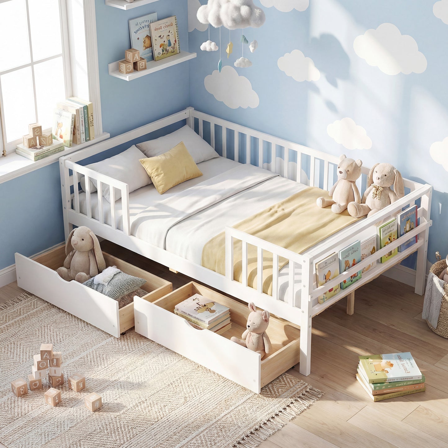 Full Size Daybed with Fence and 2 Drawers for Boys and Girls-White