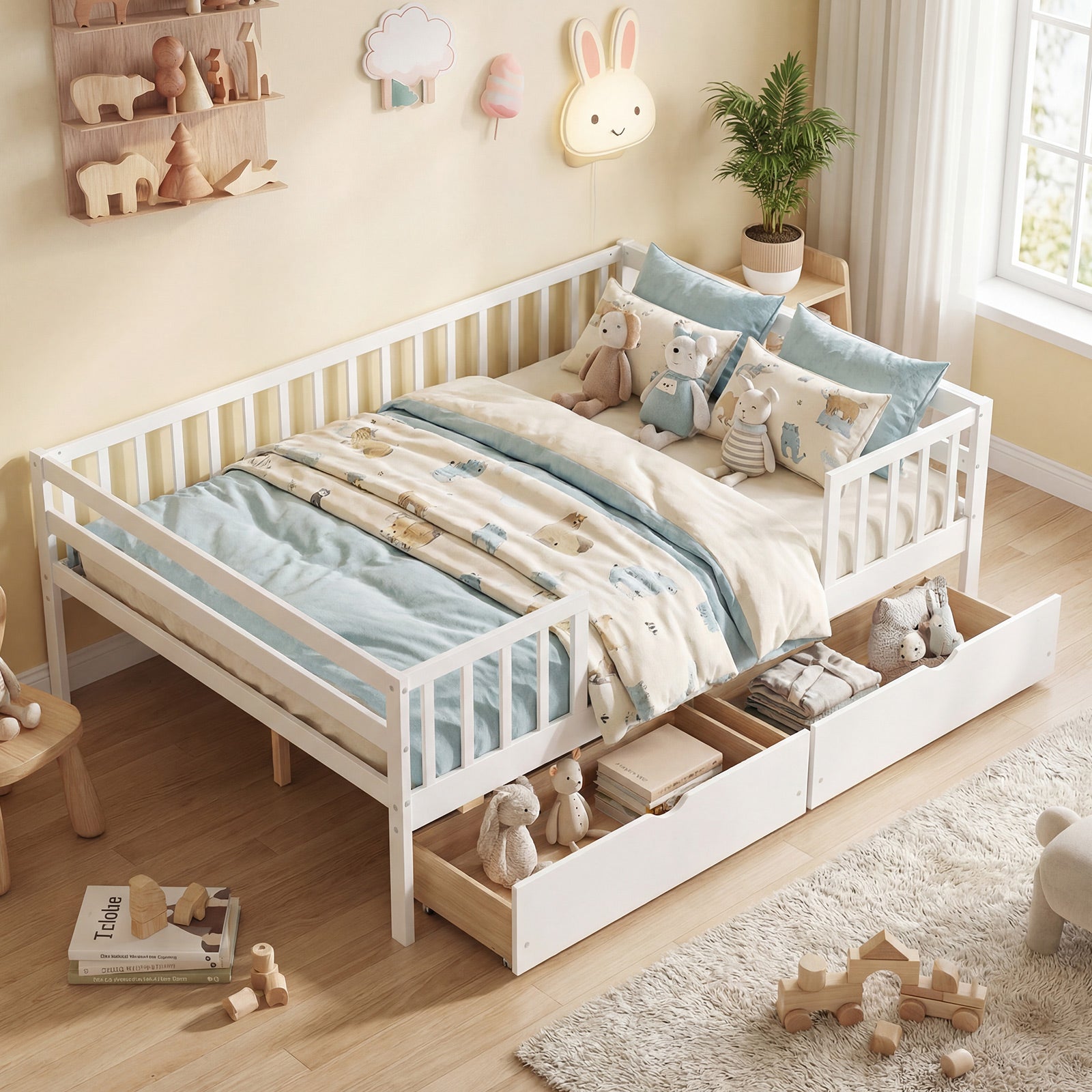 Full Size Daybed with Fence and 2 Drawers for Boys and Girls-White