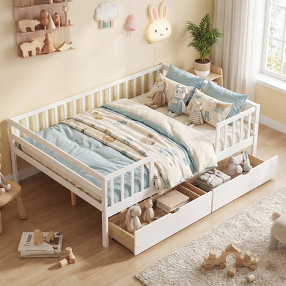 Full Size Daybed with Fence and 2 Drawers for Boys and Girls-White