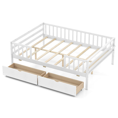 Full Size Daybed with Fence and 2 Drawers for Boys and Girls-White