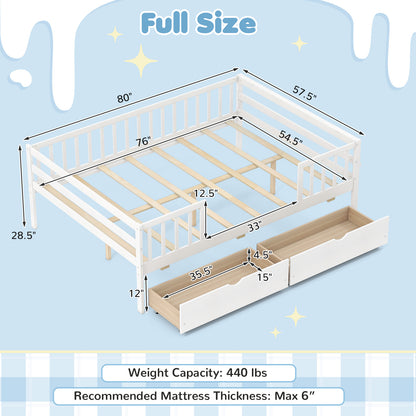 Full Size Daybed with Fence and 2 Drawers for Boys and Girls-White