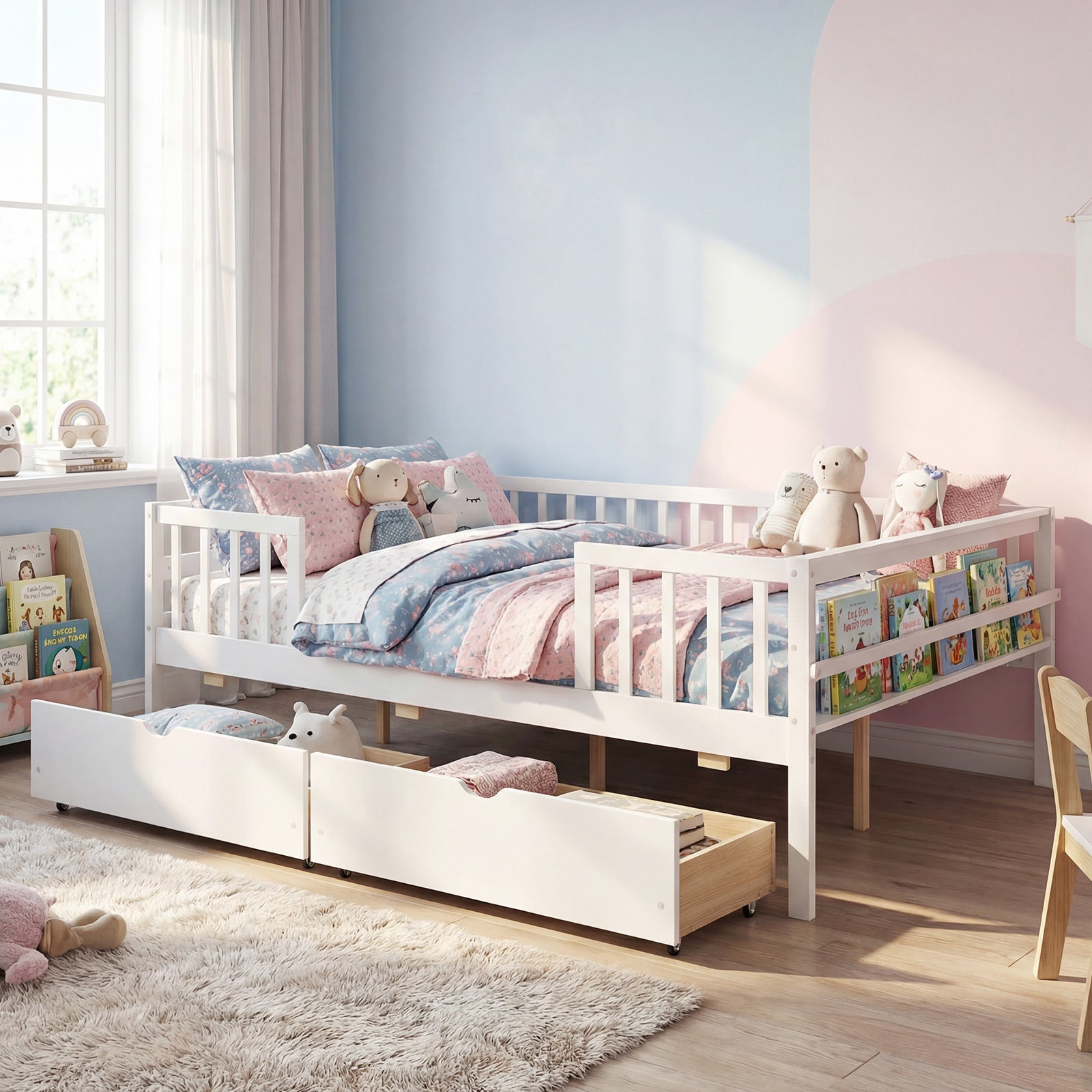 Full Size Daybed with Fence and 2 Drawers for Boys and Girls-White