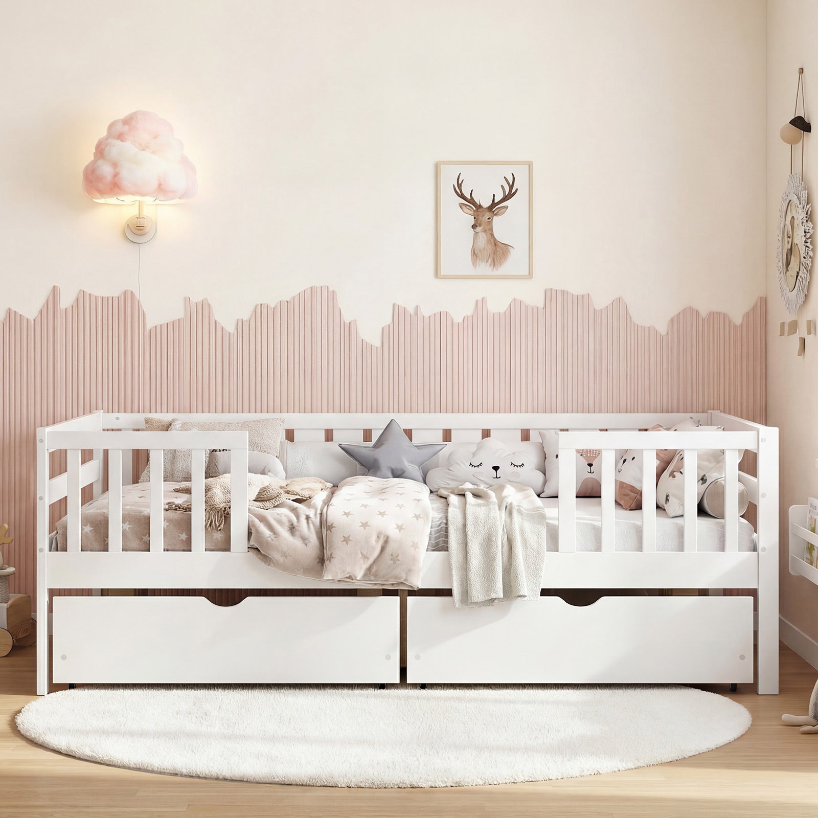 Full Size Daybed with Fence and 2 Drawers for Boys and Girls-White