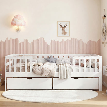 Full Size Daybed with Fence and 2 Drawers for Boys and Girls-White