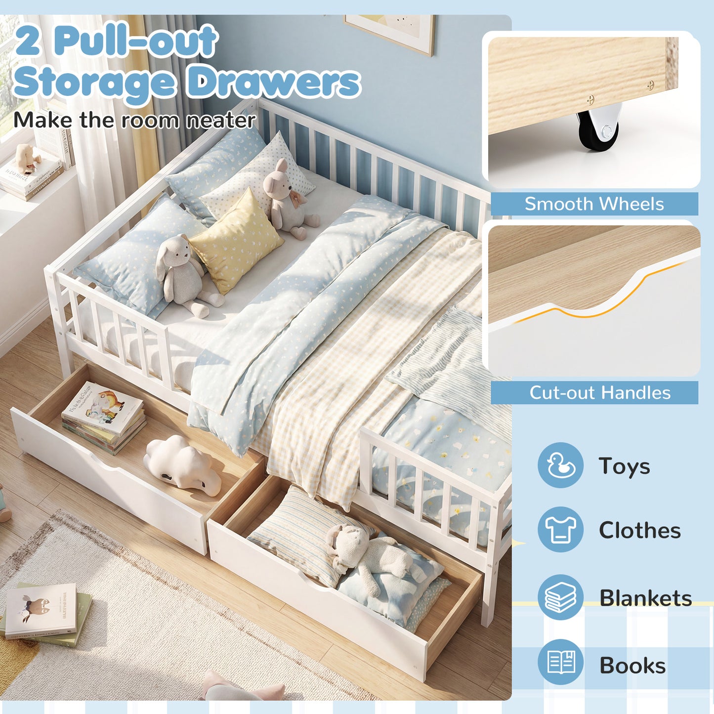 Full Size Daybed with Fence and 2 Drawers for Boys and Girls-White
