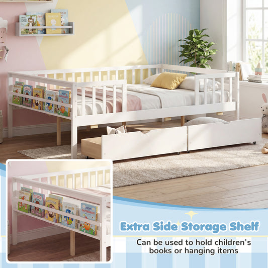 Full Size Daybed with Fence and 2 Drawers for Boys and Girls-White