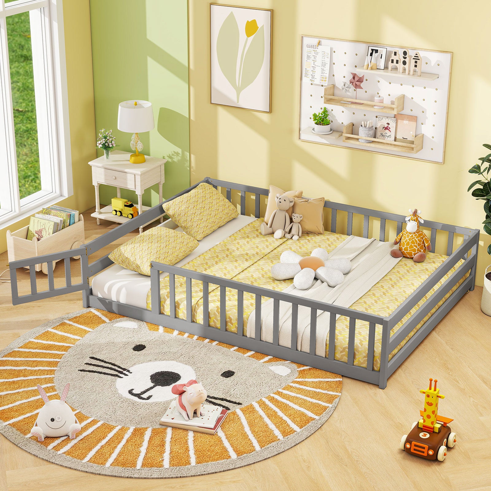 Full Size Floor Bed with Full Length Safety Guardrails-Gray