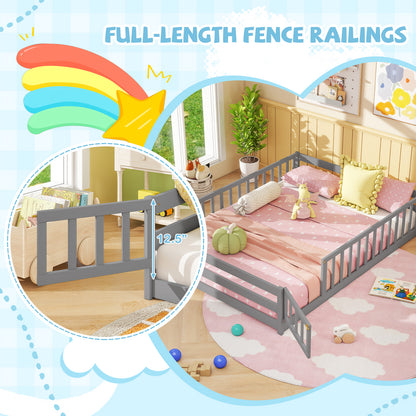 Full Size Floor Bed with Full Length Safety Guardrails-Gray