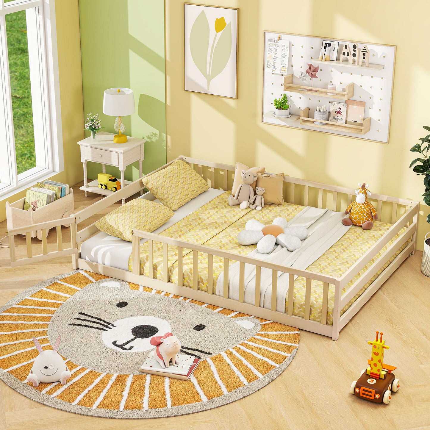 Full Size Floor Bed with Full Length Safety Guardrails-Natural