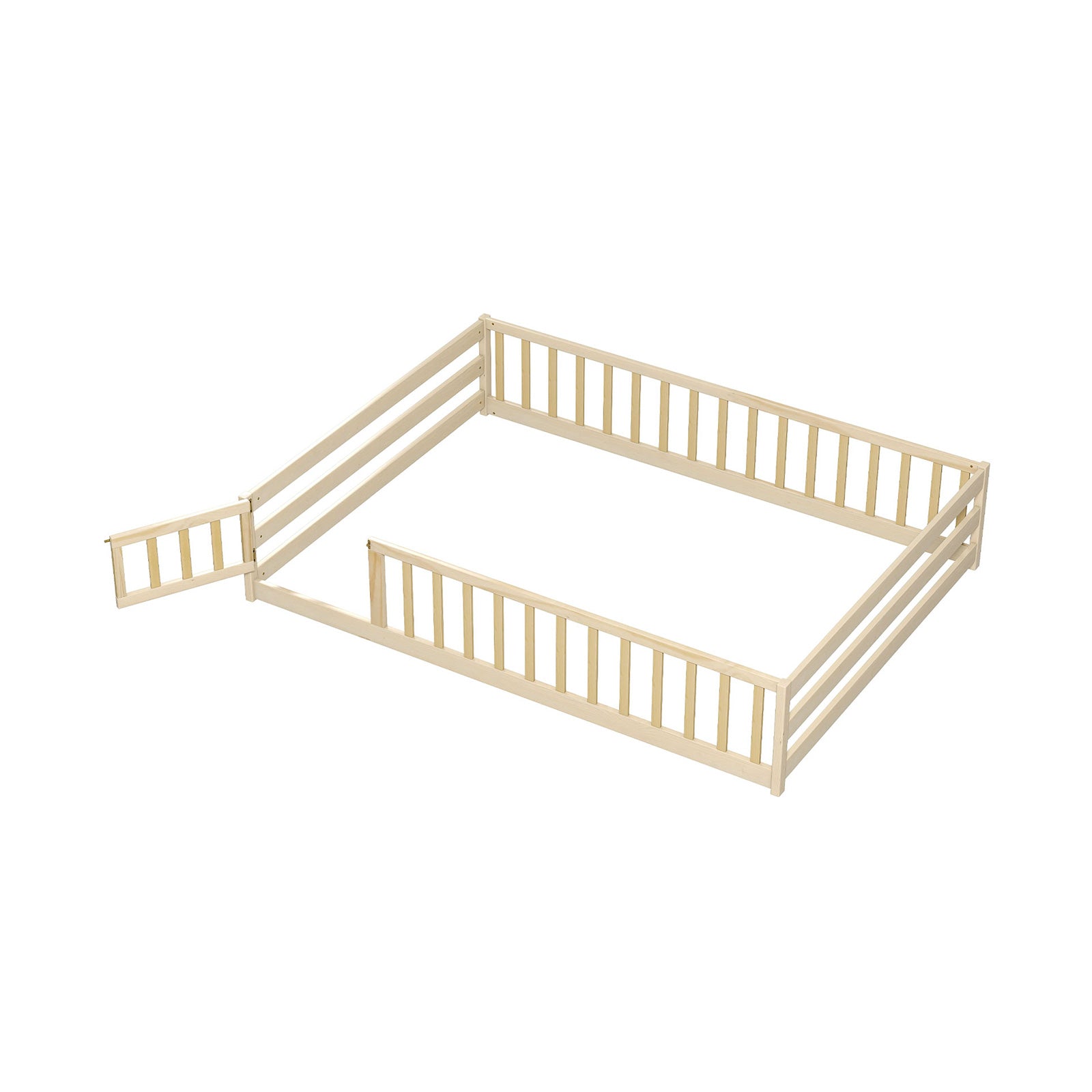 Full Size Floor Bed with Full Length Safety Guardrails-Natural