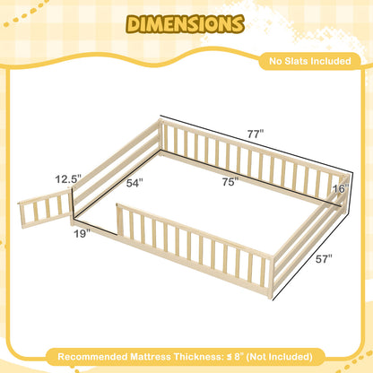 Full Size Floor Bed with Full Length Safety Guardrails-Natural