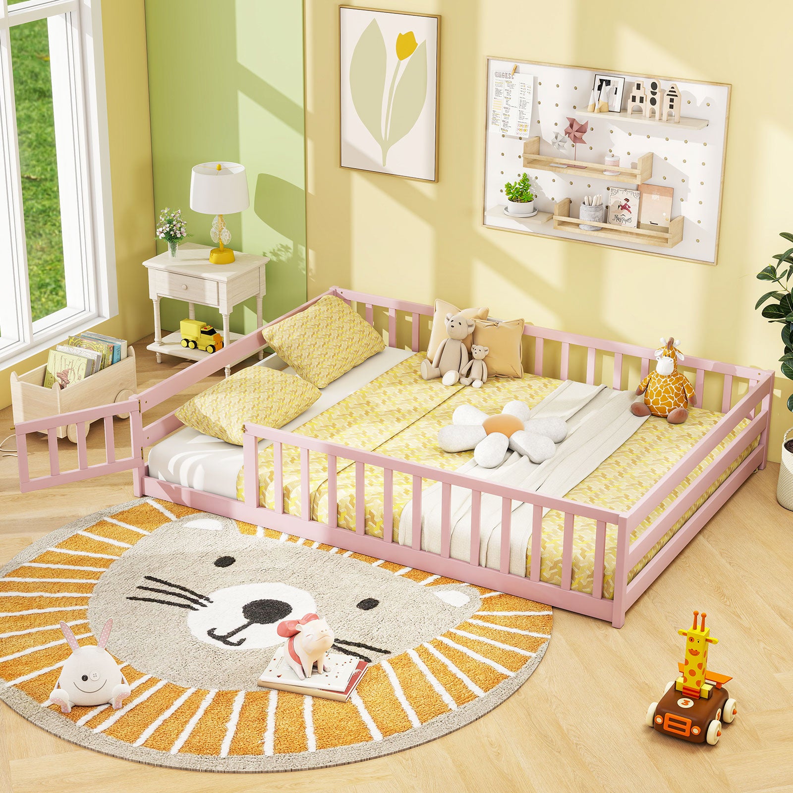 Full Size Floor Bed with Full Length Safety Guardrails-Pink