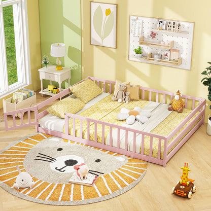 Full Size Floor Bed with Full Length Safety Guardrails-Pink