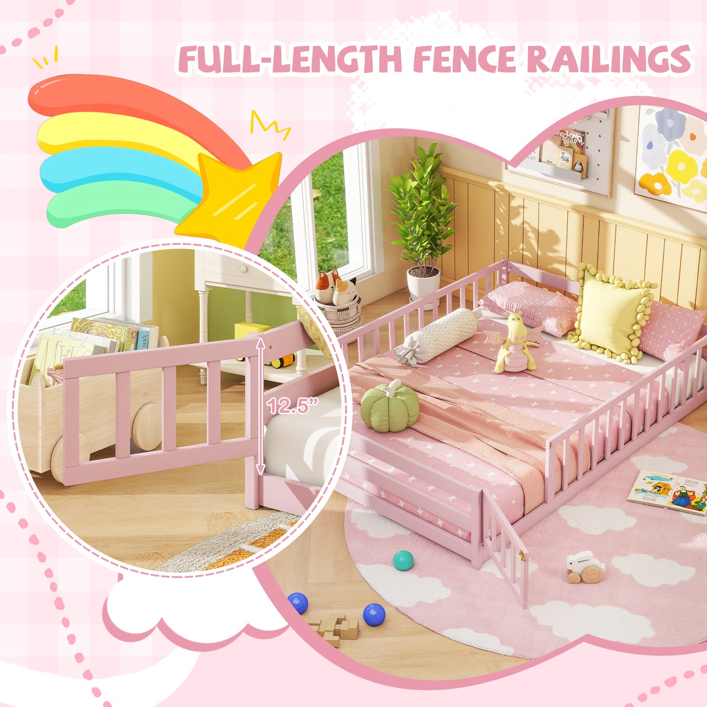 Full Size Floor Bed with Full Length Safety Guardrails-Pink