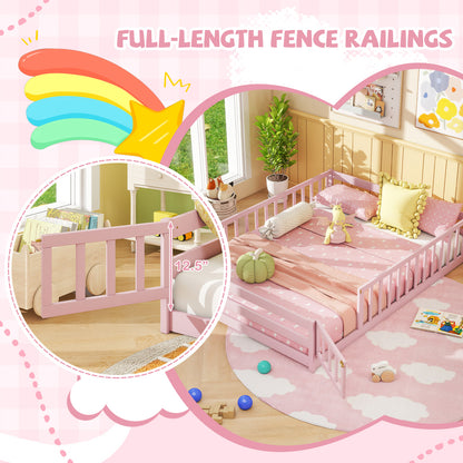 Full Size Floor Bed with Full Length Safety Guardrails-Pink