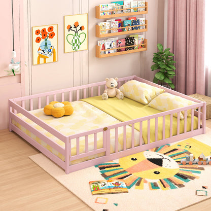 Full Size Floor Bed with Full Length Safety Guardrails-Pink
