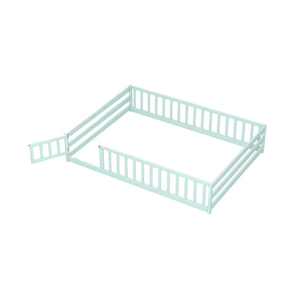 Full Size Floor Bed with Full Length Safety Guardrails-Light Green