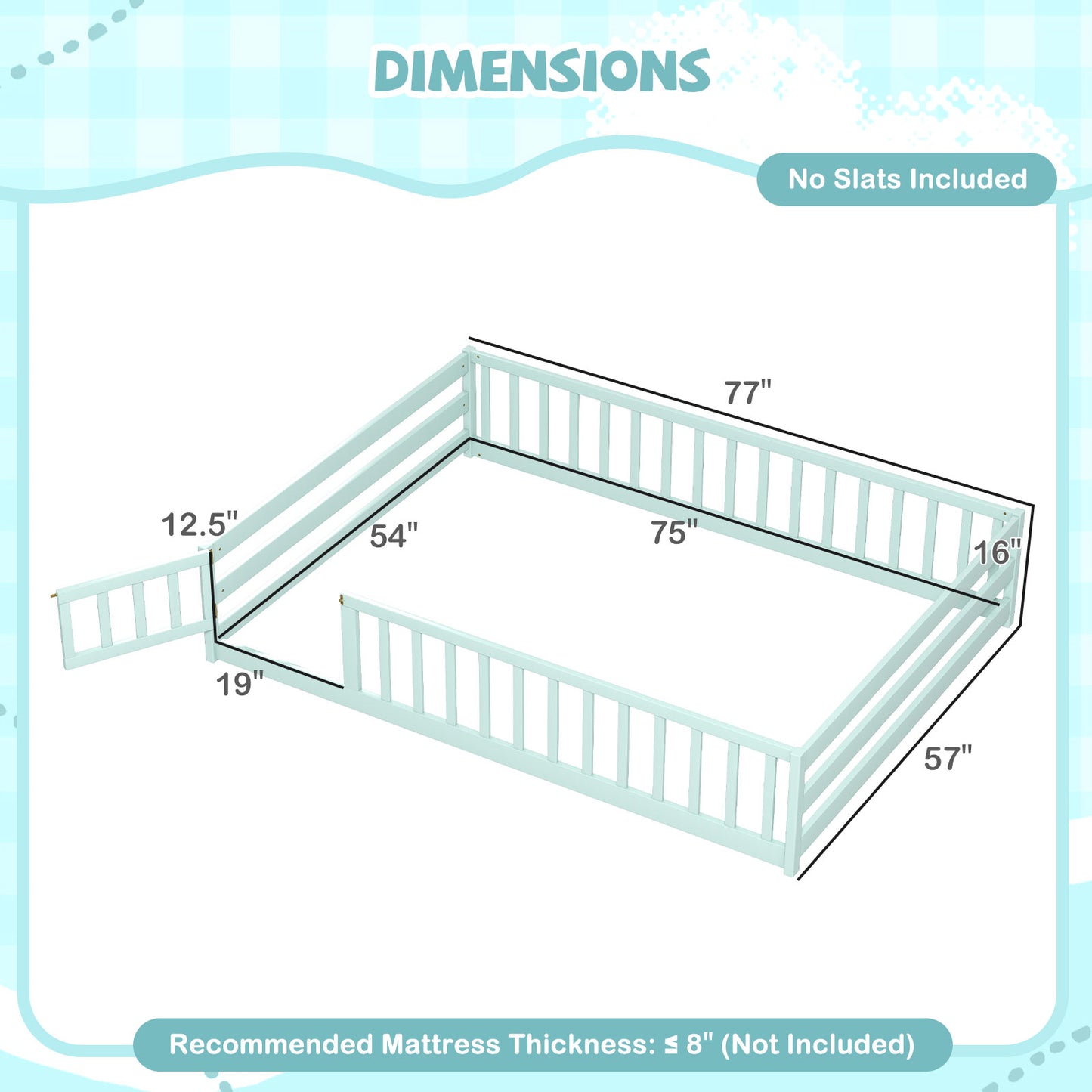 Full Size Floor Bed with Full Length Safety Guardrails-Light Green