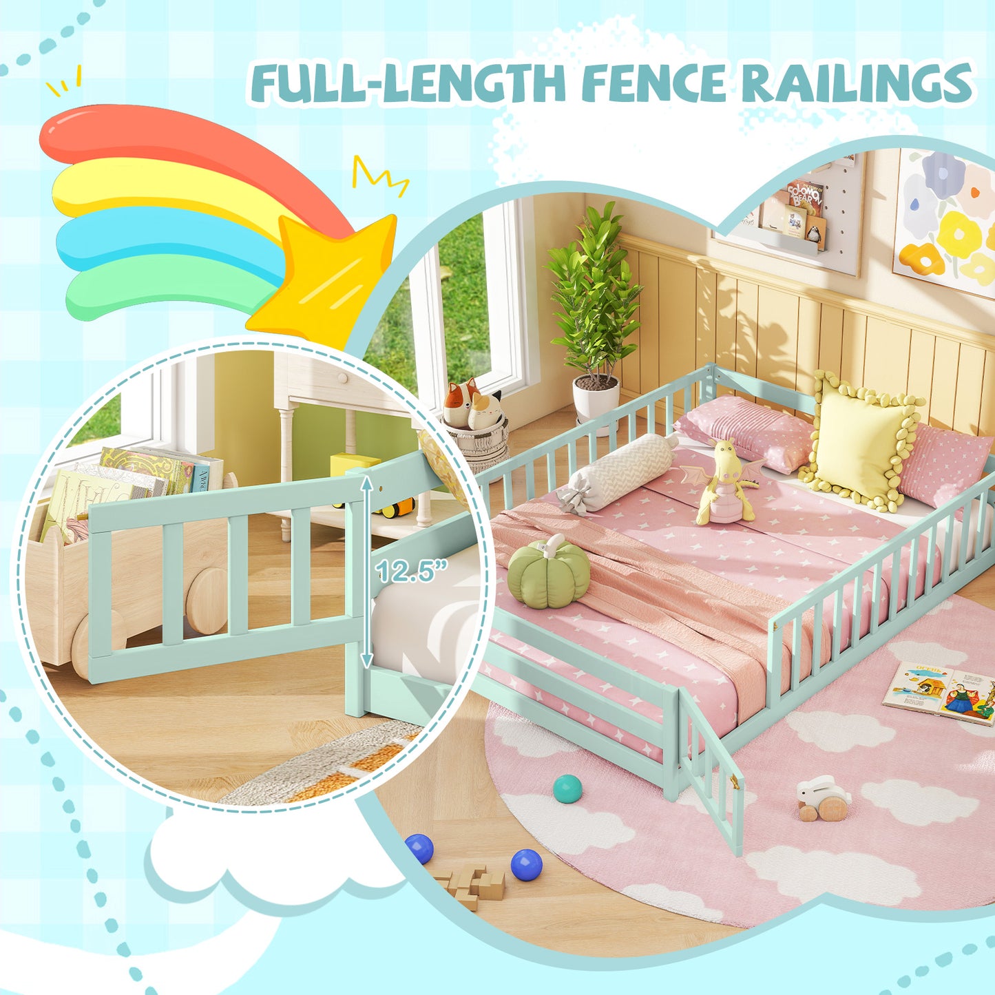 Full Size Floor Bed with Full Length Safety Guardrails-Light Green