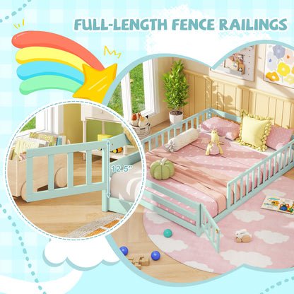 Full Size Floor Bed with Full Length Safety Guardrails-Light Green