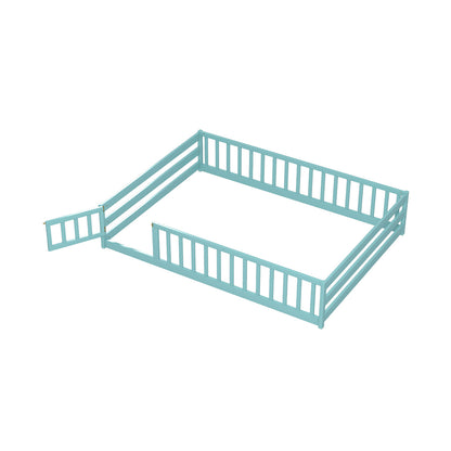 Full Size Floor Bed with Full Length Safety Guardrails-Dark Green
