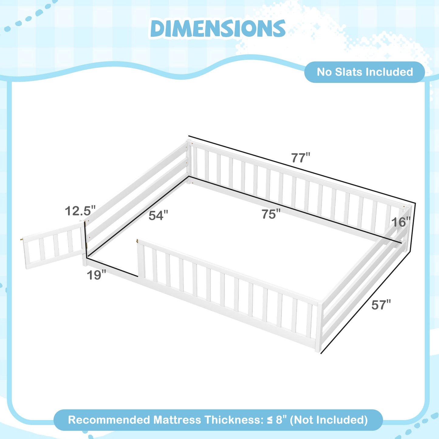 Full Size Floor Bed with Full Length Safety Guardrails-White