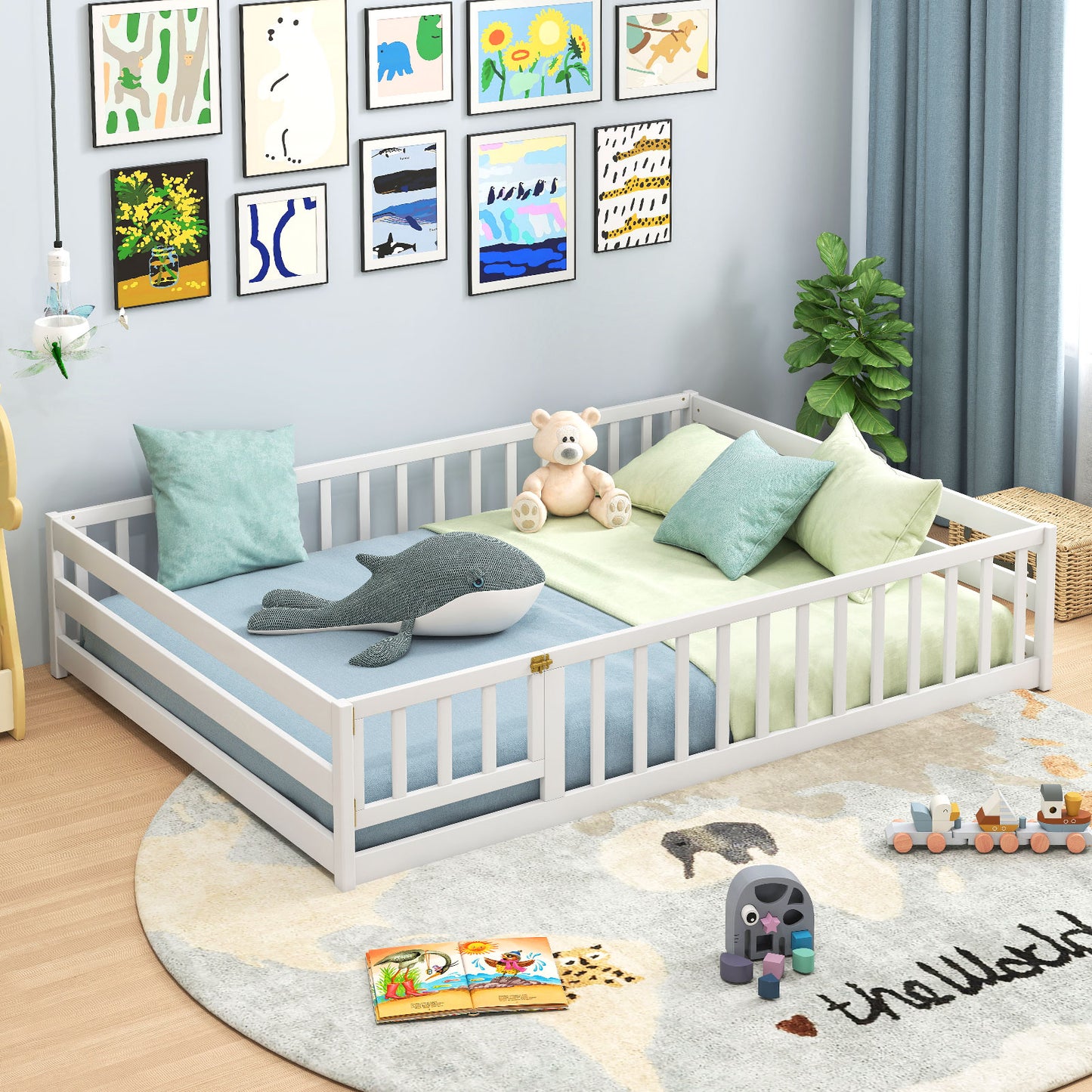 Full Size Floor Bed with Full Length Safety Guardrails-White