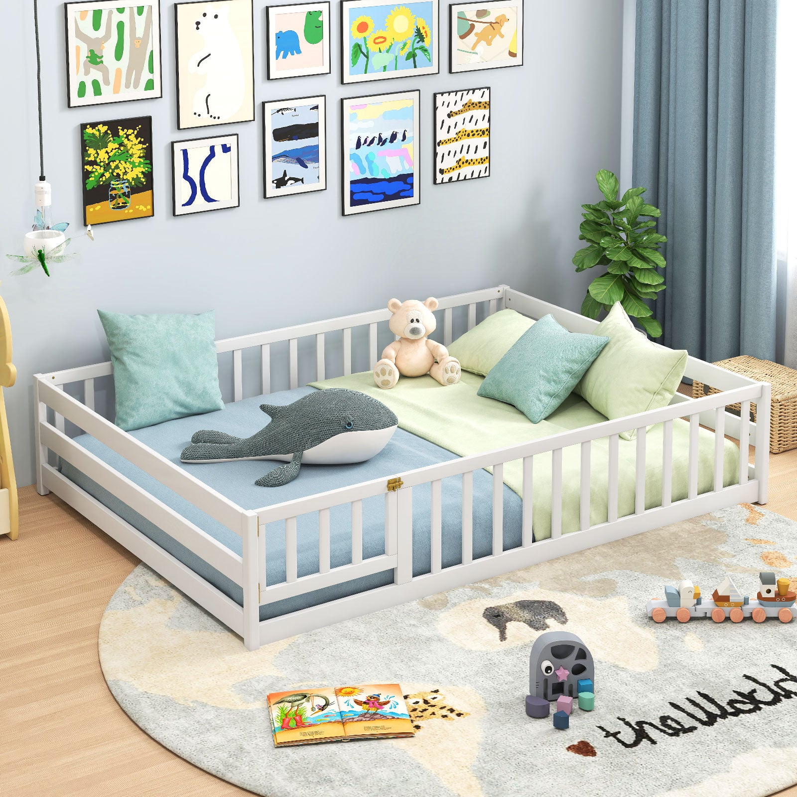 Full Size Floor Bed with Full Length Safety Guardrails-White