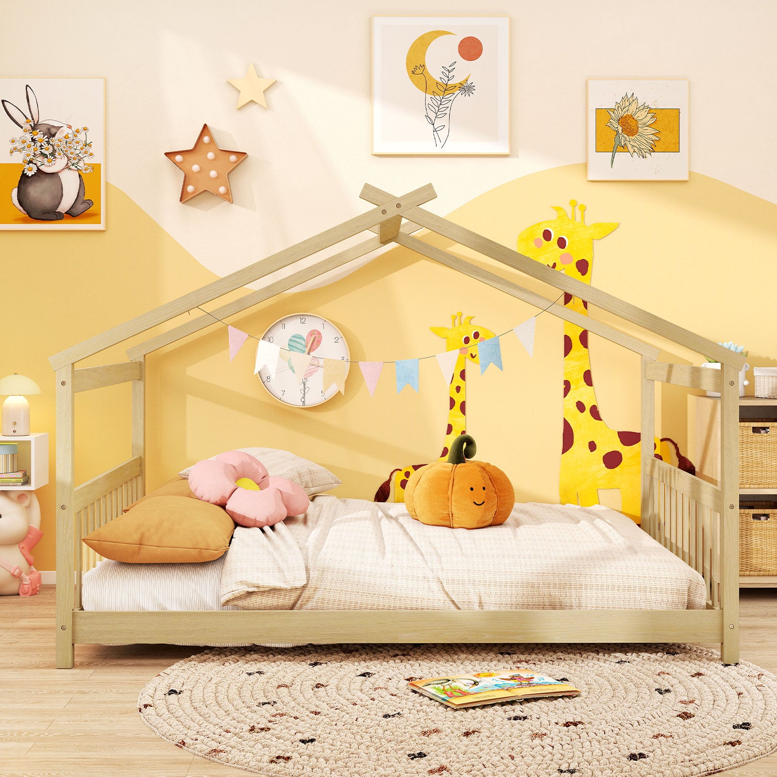 Full Size House Bed Montessori Floor Bed with Headboard-Natural