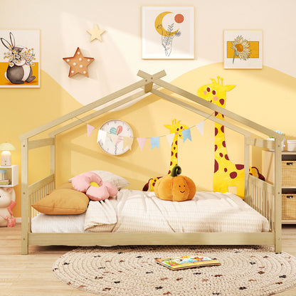 Full Size House Bed Montessori Floor Bed with Headboard-Natural