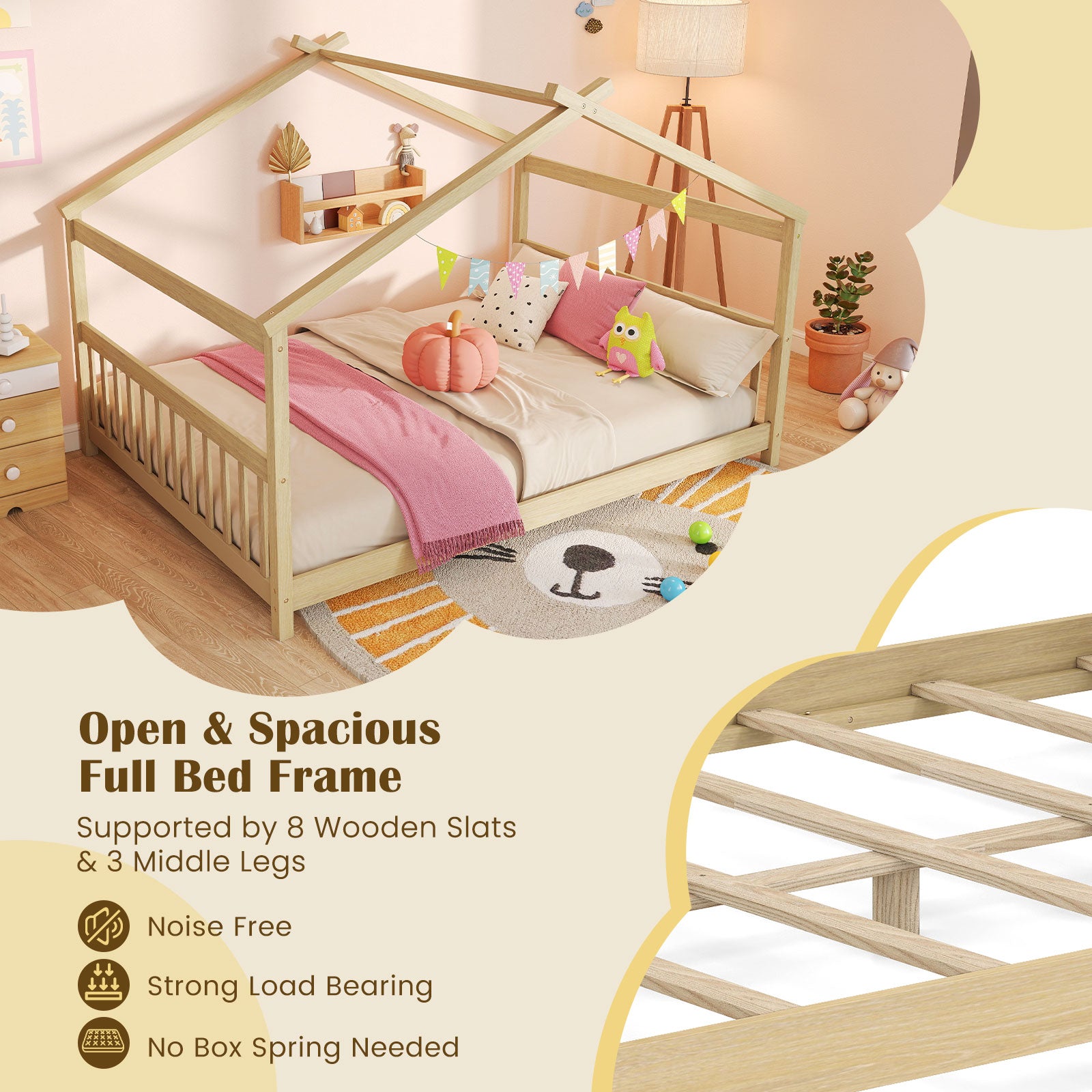 Full Size House Bed Montessori Floor Bed with Headboard-Natural