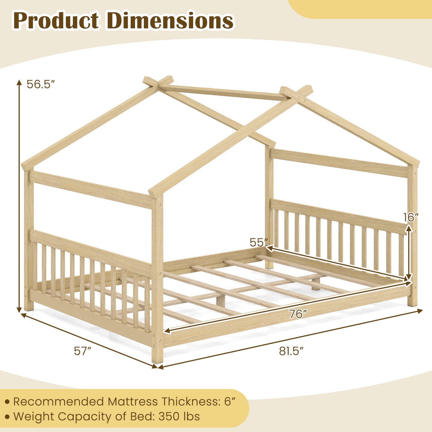 Full Size House Bed Montessori Floor Bed with Headboard-Natural