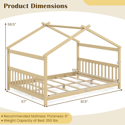 Full Size House Bed Montessori Floor Bed with Headboard-Natural