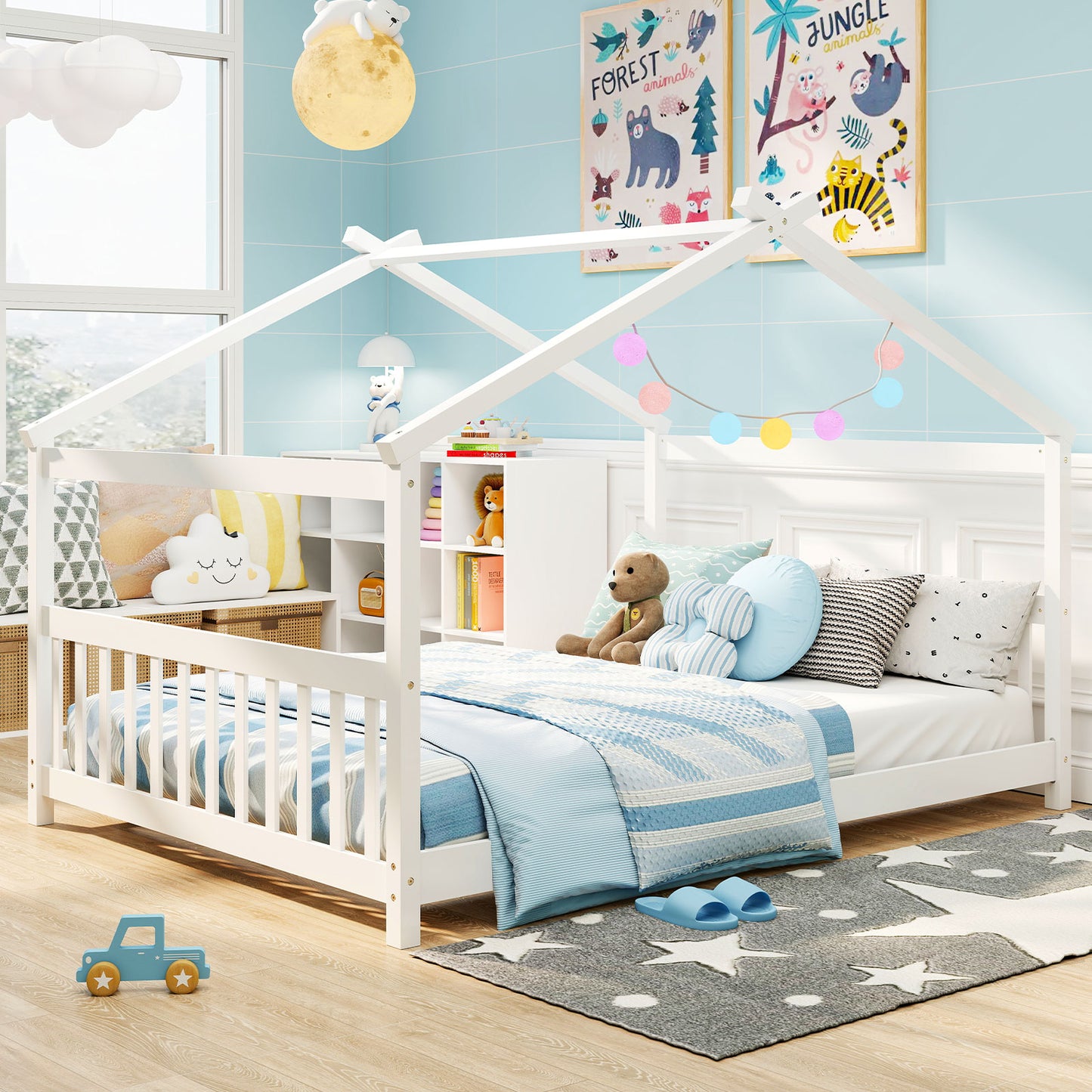 Full Size House Bed Montessori Floor Bed with Headboard-White
