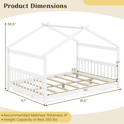 Full Size House Bed Montessori Floor Bed with Headboard-White