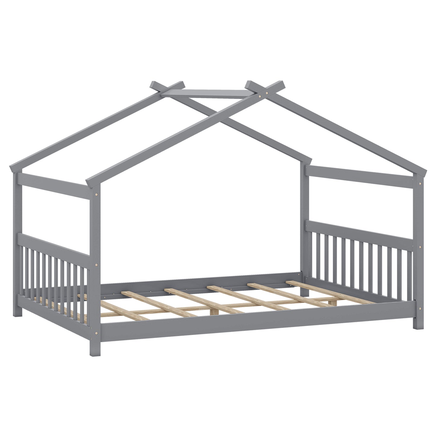 Full Size House Bed Montessori Floor Bed with Headboard-Gray