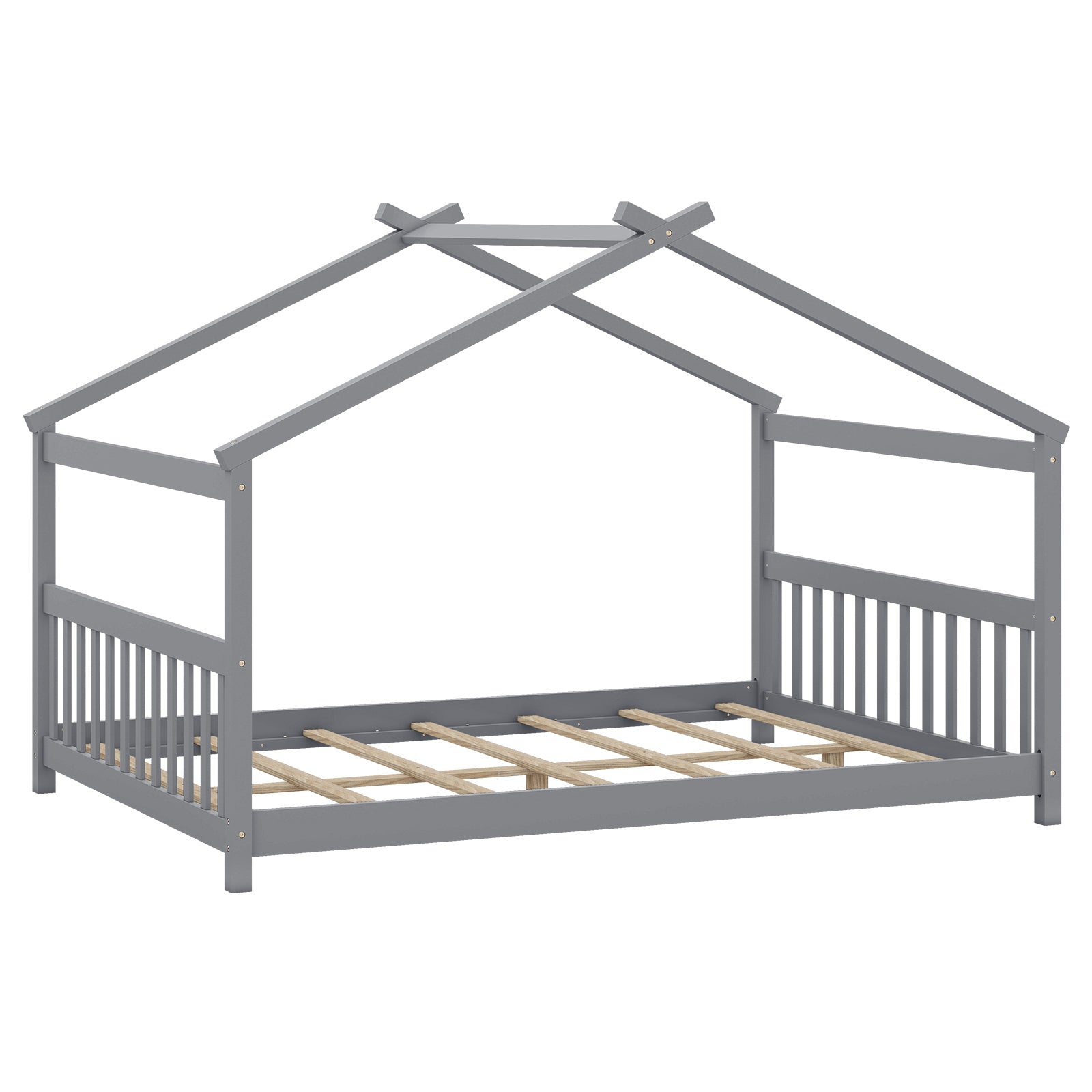 Full Size House Bed Montessori Floor Bed with Headboard-Gray
