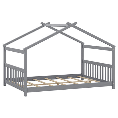 Full Size House Bed Montessori Floor Bed with Headboard-Gray