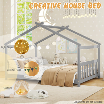 Full Size House Bed Montessori Floor Bed with Headboard-Gray