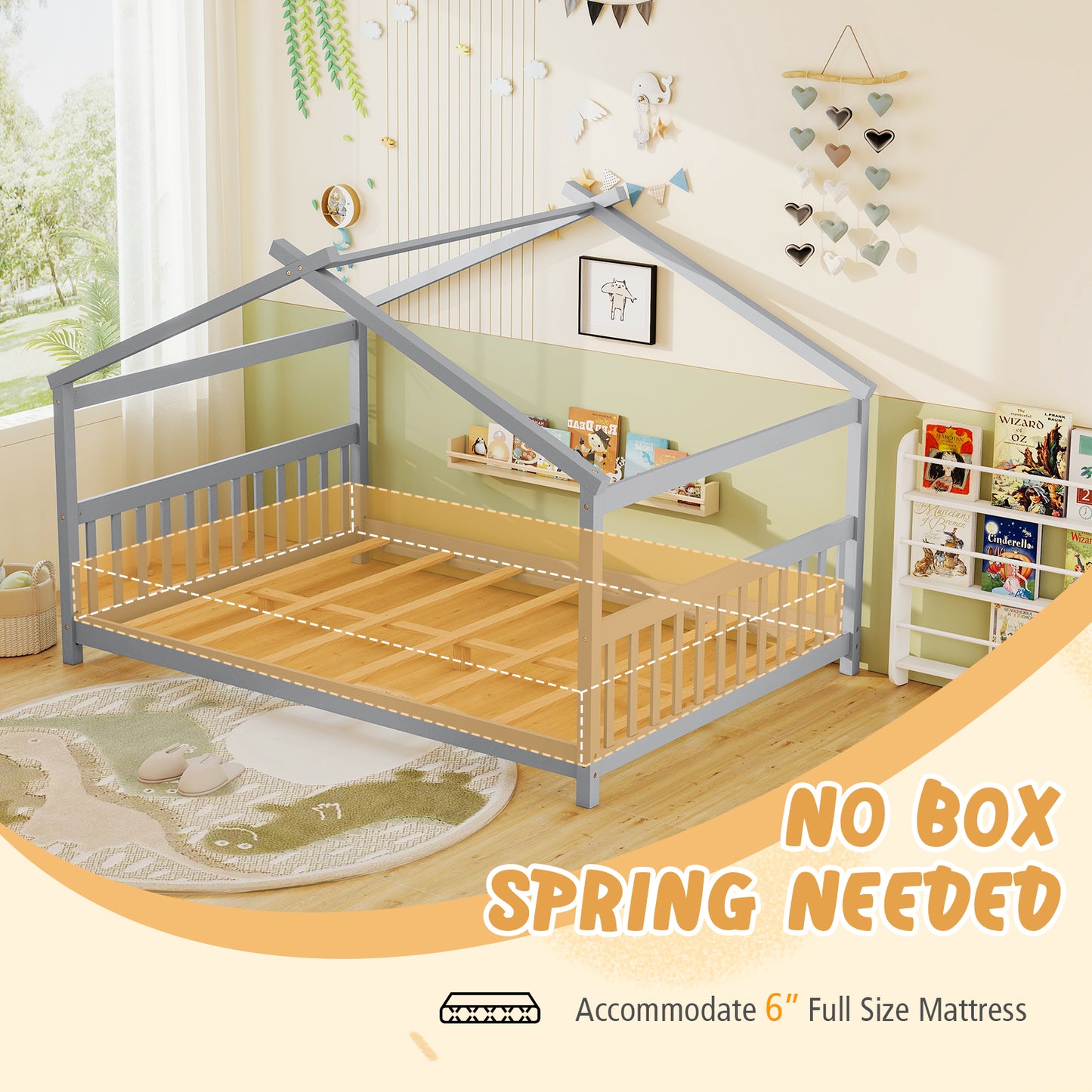 Full Size House Bed Montessori Floor Bed with Headboard-Gray