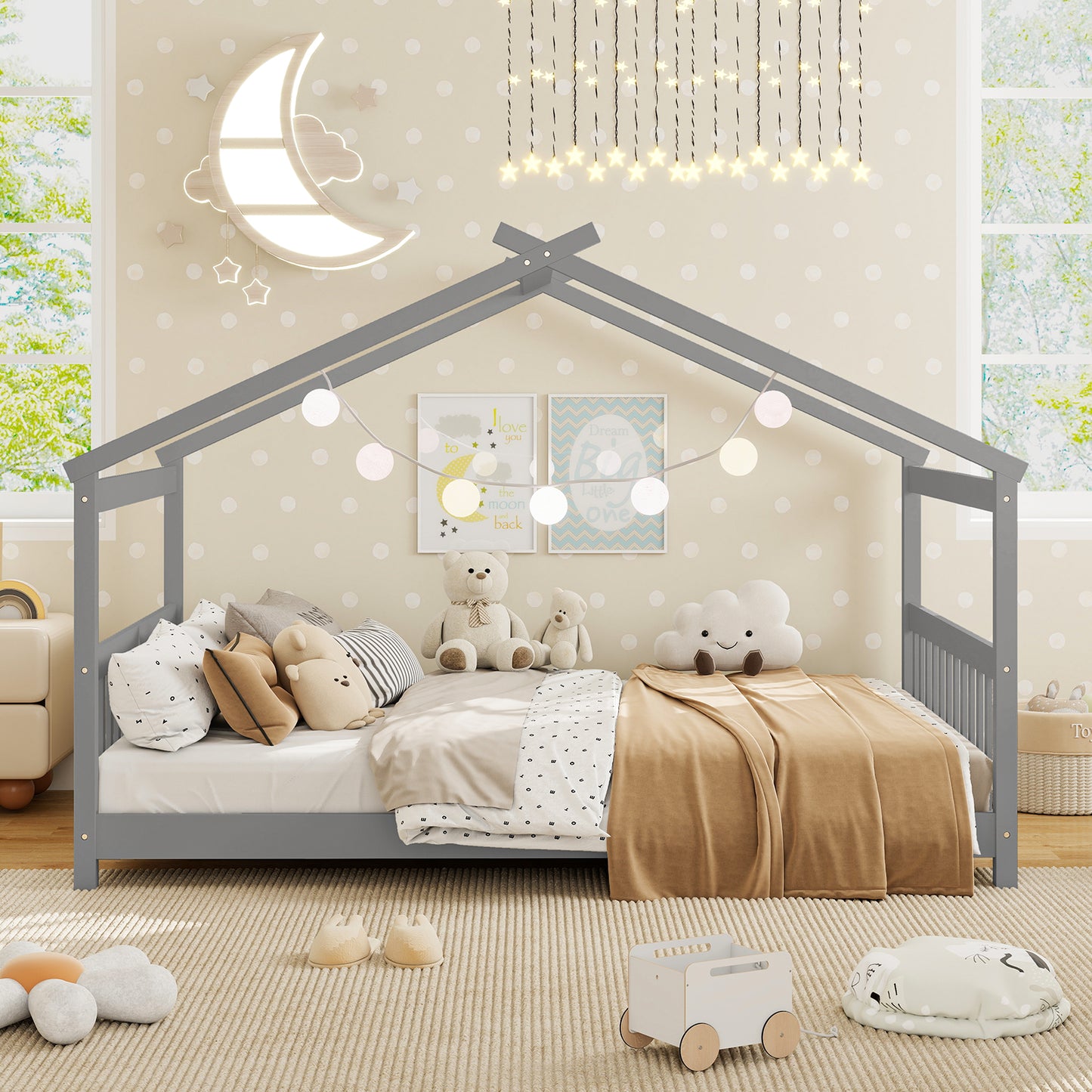 Full Size House Bed Montessori Floor Bed with Headboard-Gray