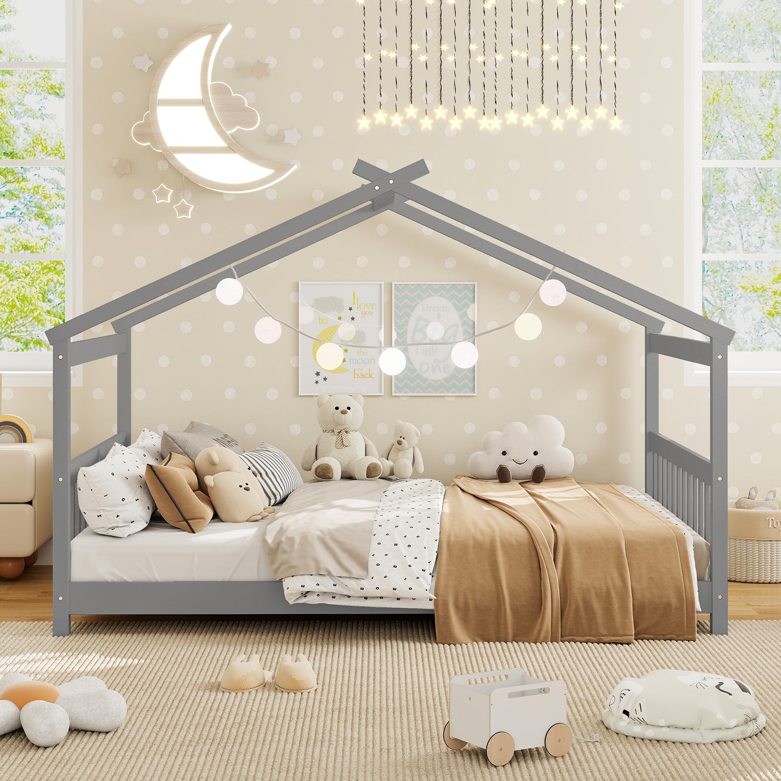 Full Size House Bed Montessori Floor Bed with Headboard-Gray