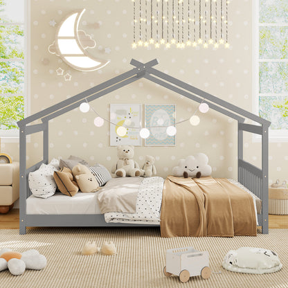 Full Size House Bed Montessori Floor Bed with Headboard-Gray