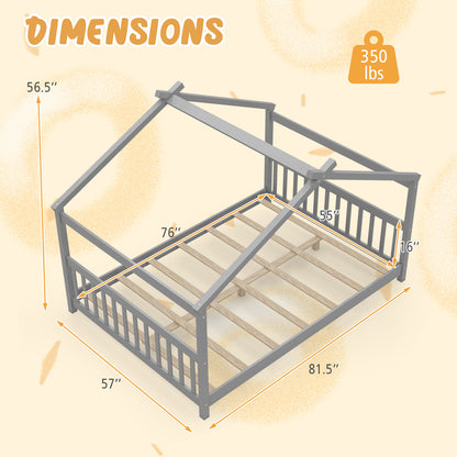 Full Size House Bed Montessori Floor Bed with Headboard-Gray