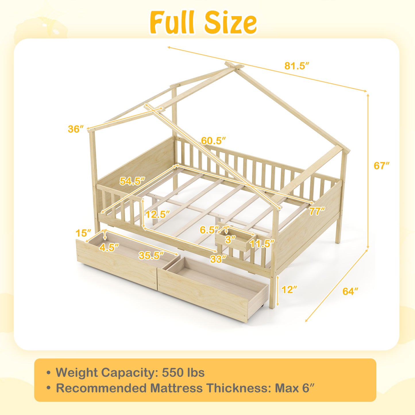 Full Size House Bed with Roof and Fence Rails for Kid-Natural