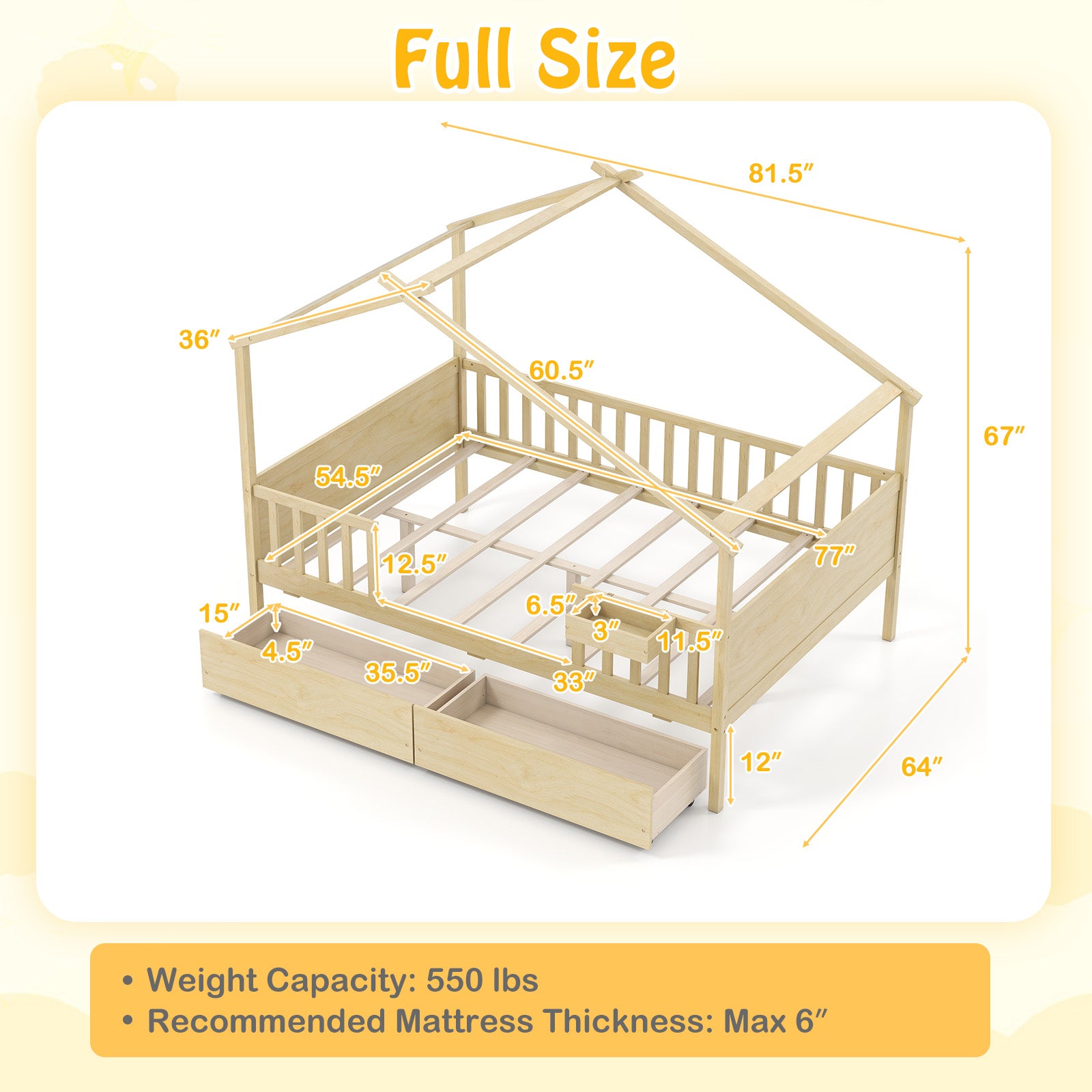 Full Size House Bed with Roof and Fence Rails for Kid-Natural
